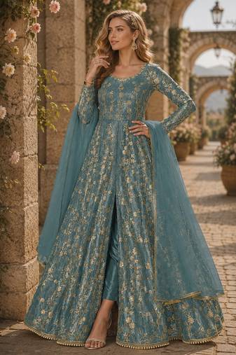 Sky blue embroidered butterfly net anarkali suit