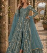 Sky blue embroidered butterfly net semi stitched anarkali suit