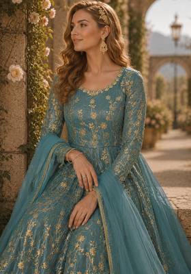 Sky blue embroidered butterfly net semi stitched anarkali suit 2