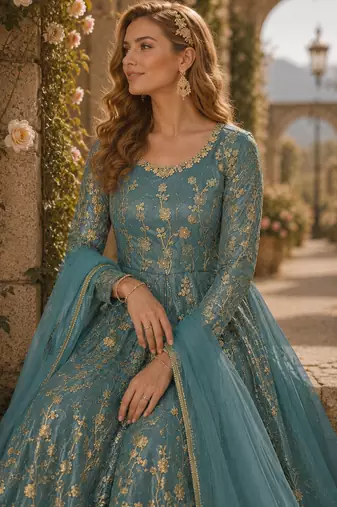 Sky blue embroidered butterfly net anarkali suit