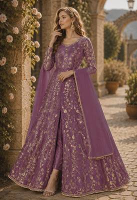 Lavender embroidered butterfly net semi stitched anarkali suit 1