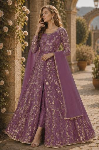 Lavender embroidered butterfly net anarkali suit