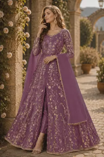Lavender embroidered butterfly net anarkali suit