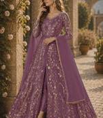 Lavender embroidered butterfly net semi stitched anarkali suit