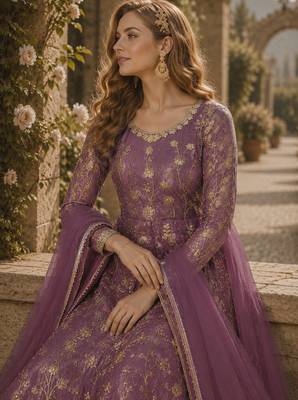 Lavender embroidered butterfly net semi stitched anarkali suit 2