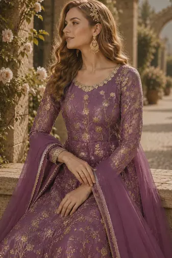 Lavender embroidered butterfly net anarkali suit
