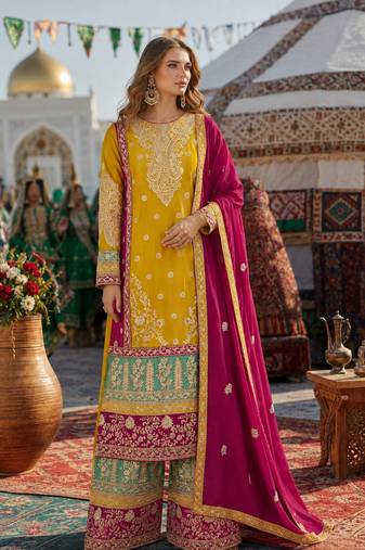 Yellow chinon suit with embroidery codding Sequin work