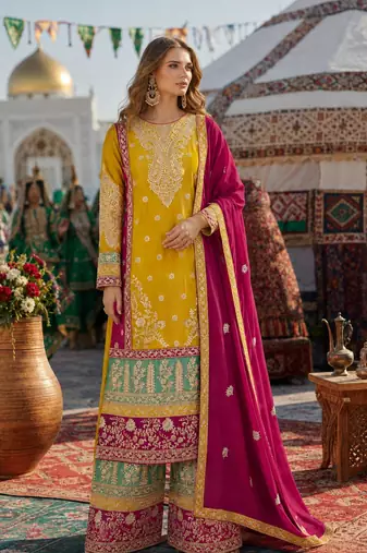 Yellow chinon suit with embroidery codding Sequin work