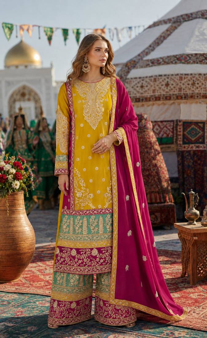 Yellow chinon suit with embroidery codding Sequin work