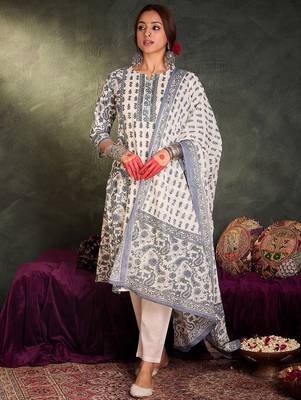 Floral Printed Notch Neck Cotton Straight Kurta With Trousers & Dupatta 1