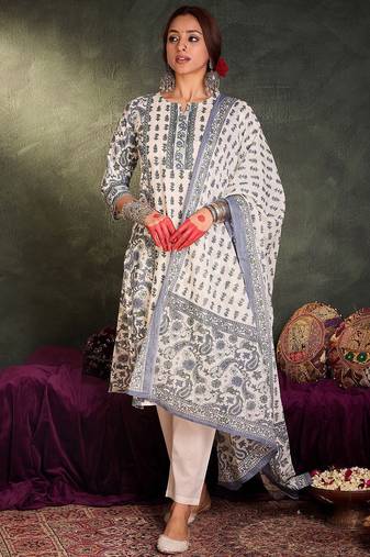 Floral Printed Notch Neck Cotton Straight Kurta With Trousers & Dupatta