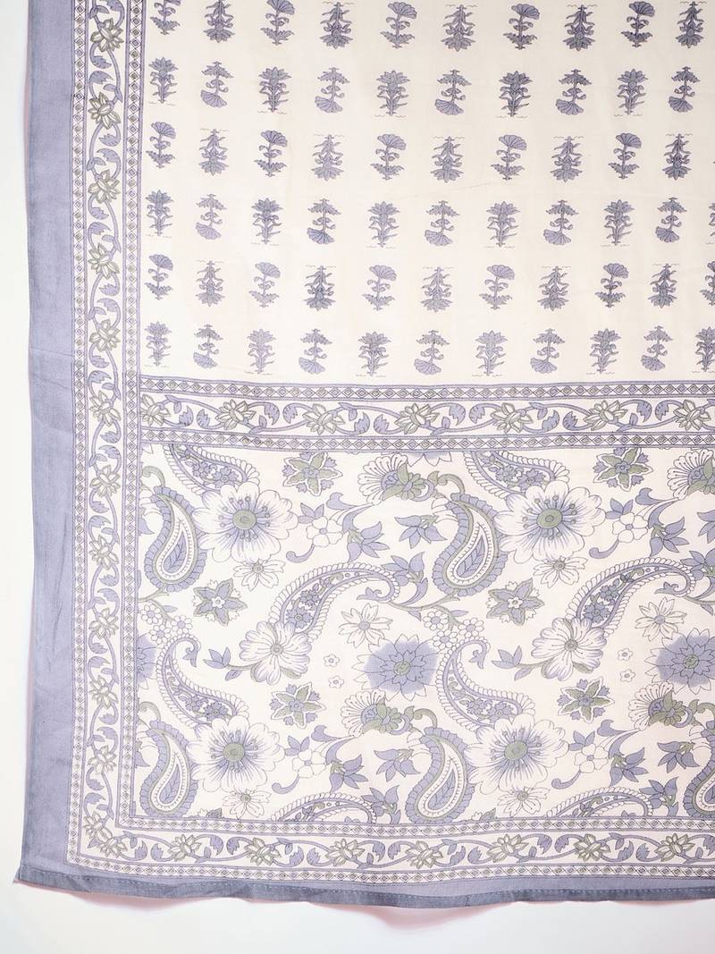 Floral Printed Notch Neck Cotton Straight Kurta With Trousers & Dupatta