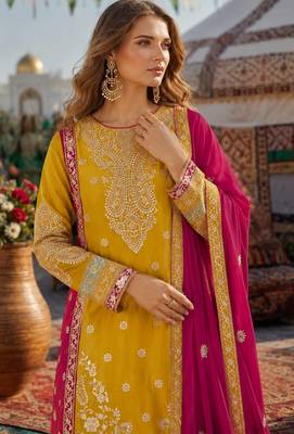 Yellow chinon suit with embroidery codding Sequin work 2