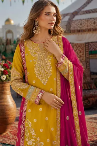 Yellow chinon suit with embroidery codding Sequin work