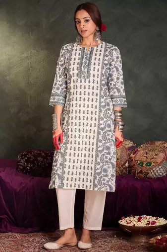 Floral Printed Notch Neck Cotton Straight Kurta With Trousers & Dupatta