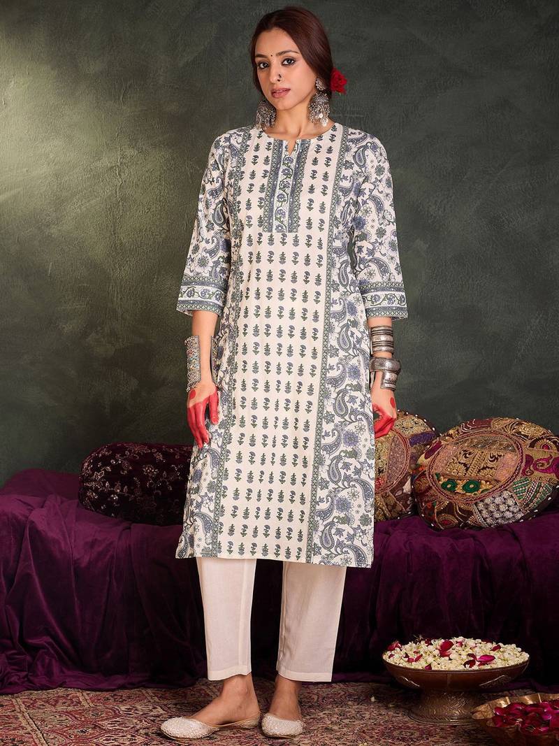 Floral Printed Notch Neck Cotton Straight Kurta With Trousers & Dupatta