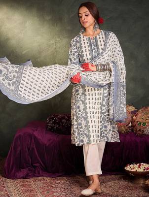 Floral Printed Notch Neck Cotton Straight Kurta With Trousers & Dupatta 6