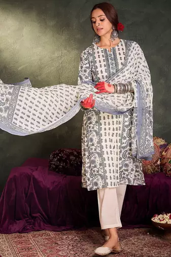 Floral Printed Notch Neck Cotton Straight Kurta With Trousers & Dupatta