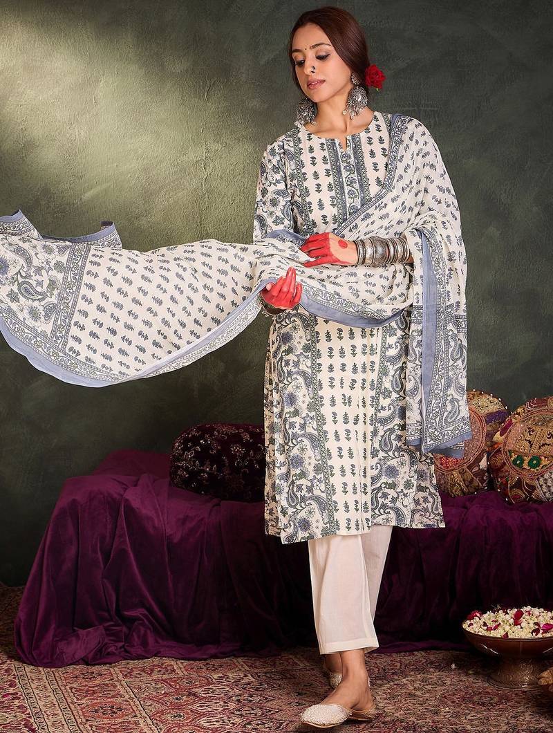 Floral Printed Notch Neck Cotton Straight Kurta With Trousers & Dupatta