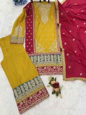 Yellow chinon suit with embroidery codding Sequin work 3