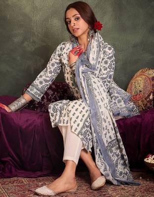 Floral Printed Notch Neck Cotton Straight Kurta With Trousers & Dupatta 7