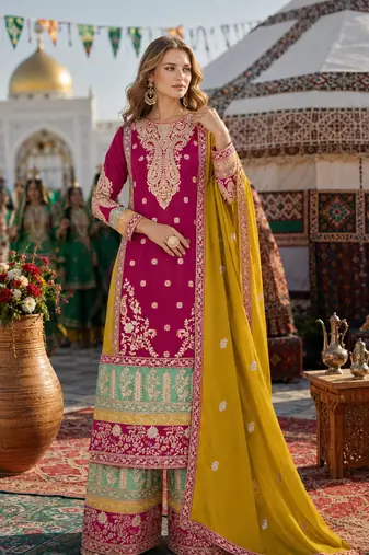 Red chinon suit with embroidery codding Sequin work