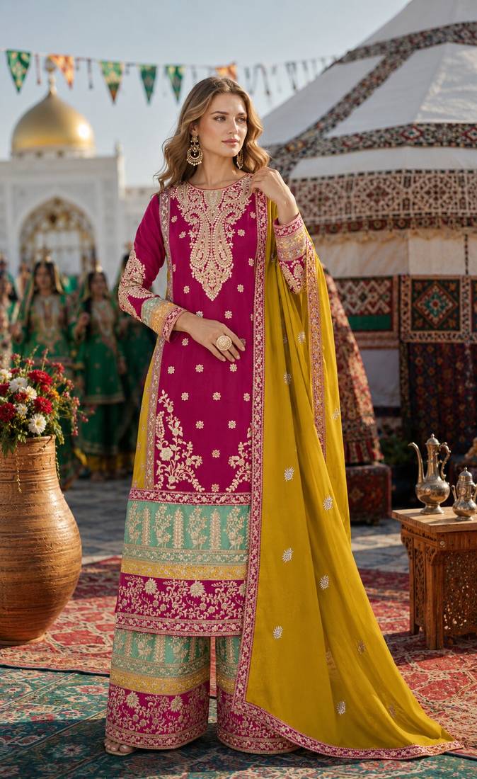 Red chinon suit with embroidery codding Sequin work