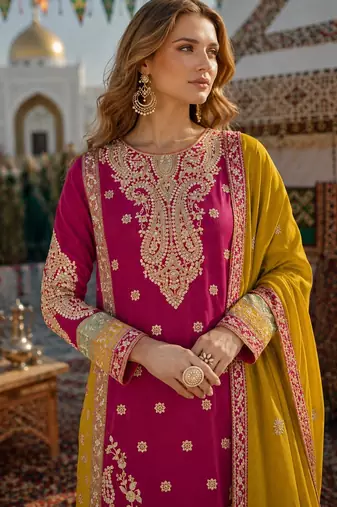 Red chinon suit with embroidery codding Sequin work