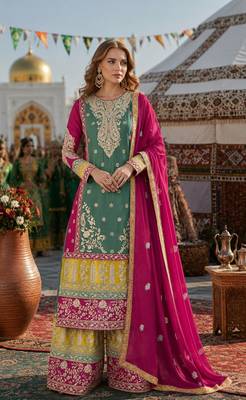 Sea green chinon suit with embroidery codding Sequin work 1
