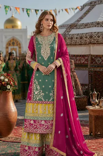 Sea green chinon suit with embroidery codding Sequin work