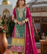 Sea green chinon suit with embroidery codding Sequin work