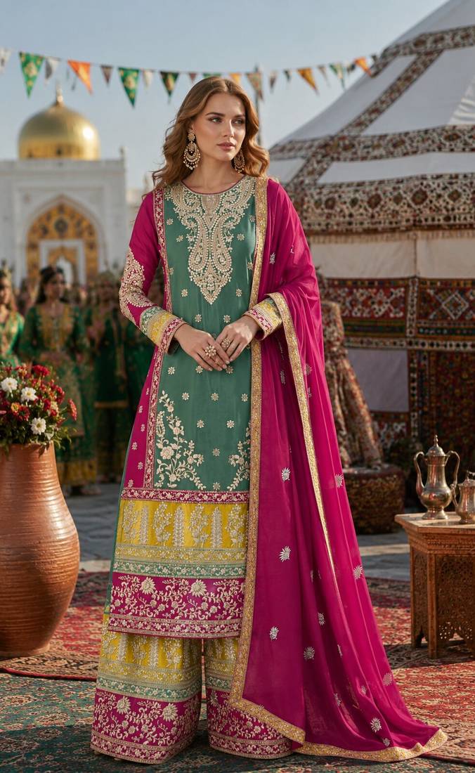 Sea green chinon suit with embroidery codding Sequin work
