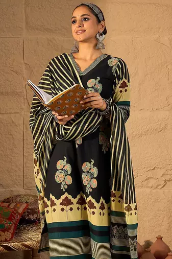 Women Floral Printed Cotton Kurta with Trouser & Dupatta
