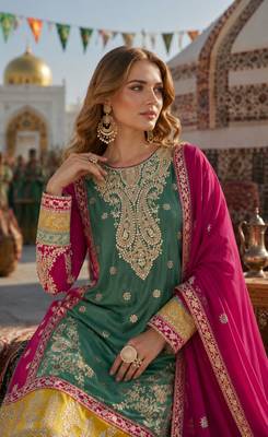 Sea green chinon suit with embroidery codding Sequin work 2