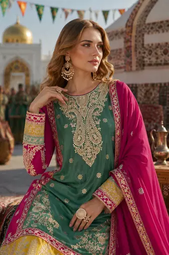 Sea green chinon suit with embroidery codding Sequin work