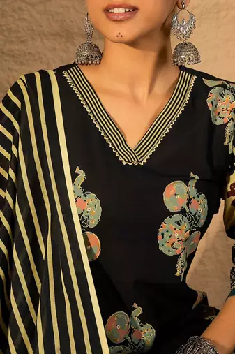 Women Floral Printed Cotton Kurta with Trouser & Dupatta