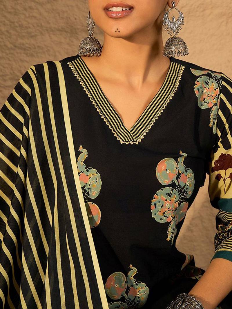 Women Floral Printed Cotton Kurta with Trouser & Dupatta