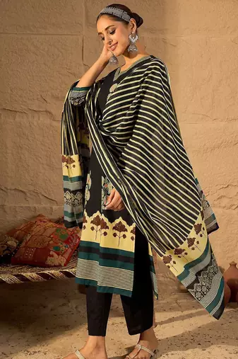 Women Floral Printed Cotton Kurta with Trouser & Dupatta