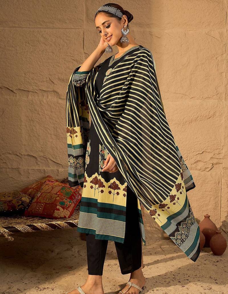 Women Floral Printed Cotton Kurta with Trouser & Dupatta