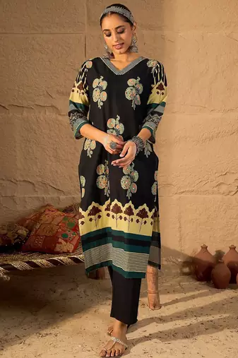 Women Floral Printed Cotton Kurta with Trouser & Dupatta