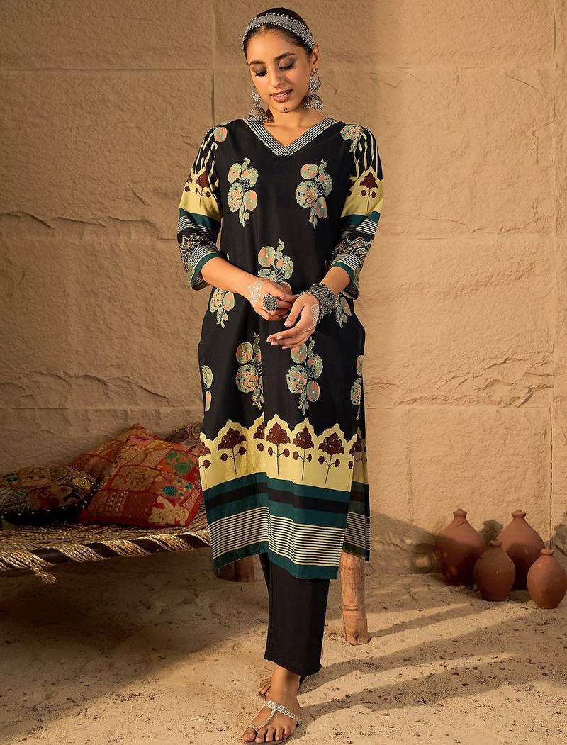 Women Floral Printed Cotton Kurta with Trouser & Dupatta