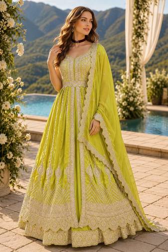 Yellow chinon suit with embroidery & codding work