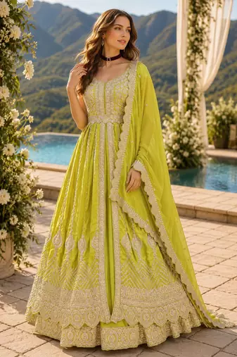 Yellow chinon semi stitched suit with embroidery & codding work