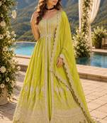 Yellow chinon semi stitched suit with embroidery & codding work
