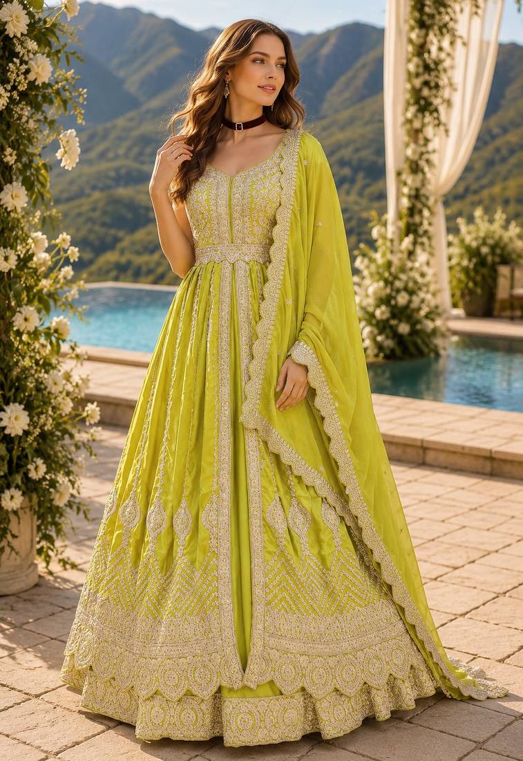 Yellow chinon semi stitched suit with embroidery & codding work