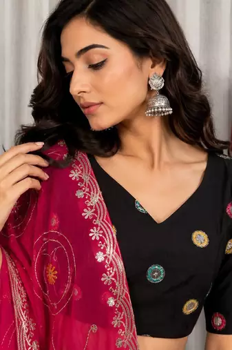 Black Embroidery and sequins Roman Silk Blend Lahenga Choli Set