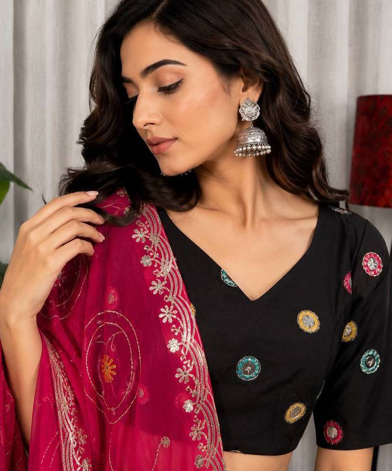 Black Embroidery and sequins Roman Silk Blend Lahenga Choli Set