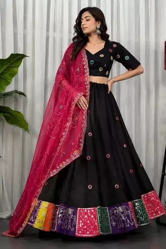 Black Embroidery and sequins Roman Silk Blend Lahenga Choli Set
