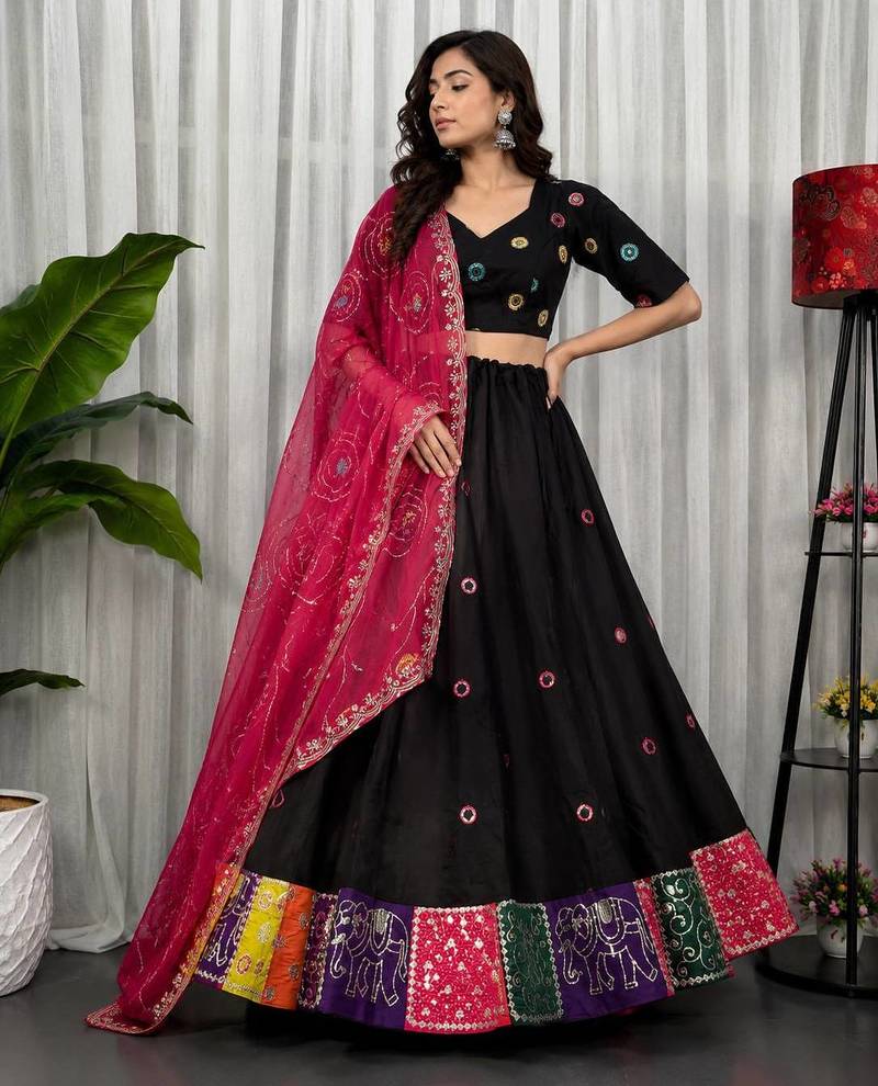 Black Embroidery and sequins Roman Silk Blend Lahenga Choli Set