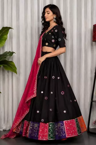 Black Embroidery and sequins Roman Silk Blend Lahenga Choli Set